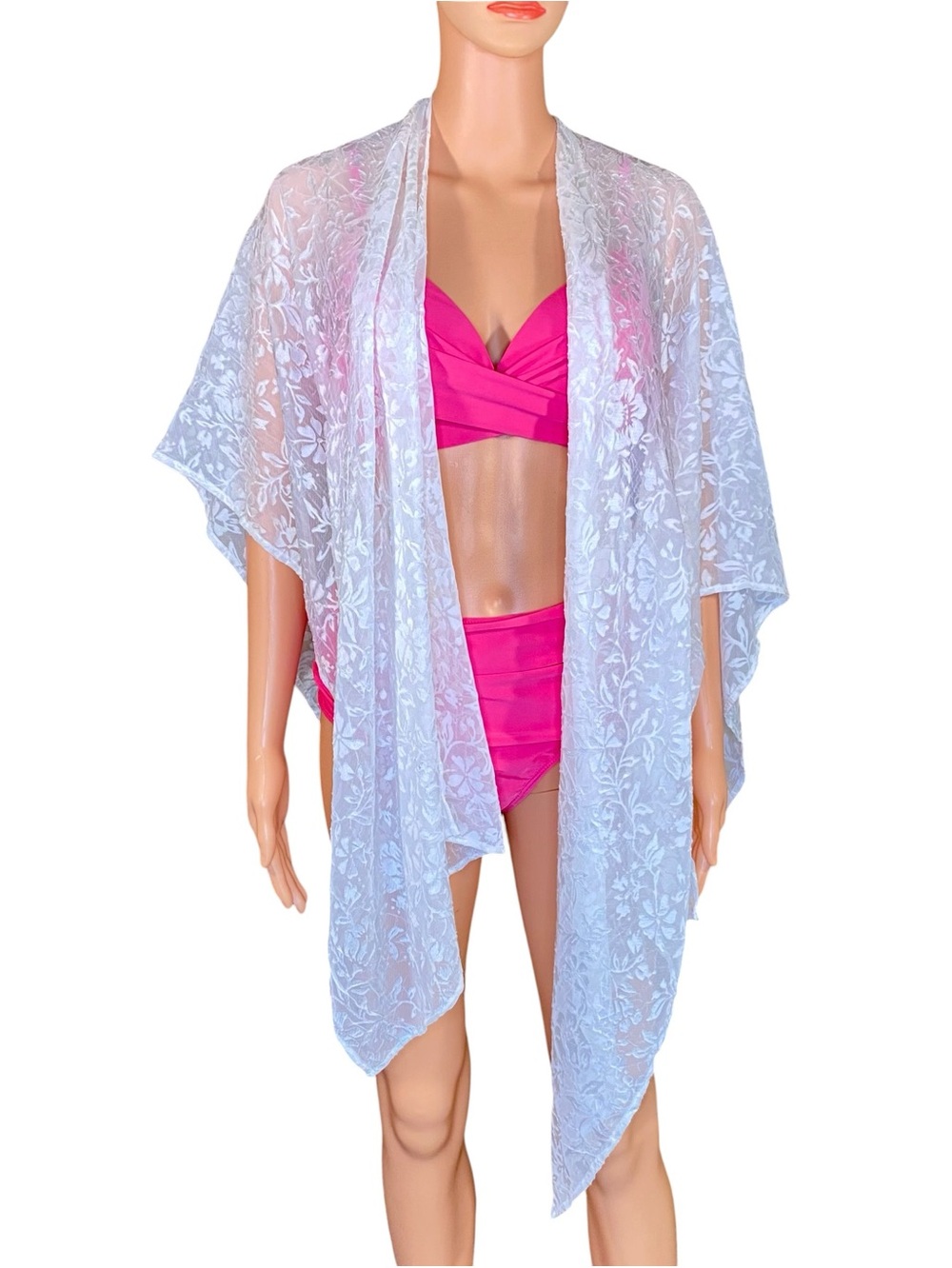 Retro Threads Sheer White Floral Lace Swim Cover-Up Kimono One Size Fits Most